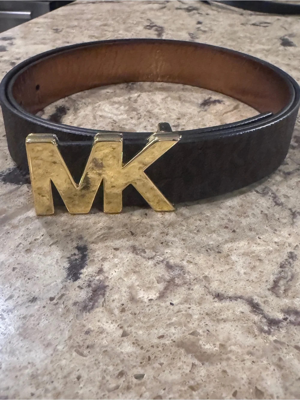 Michael Kors Brown Leather Belt with Gold MK Logo Buckle